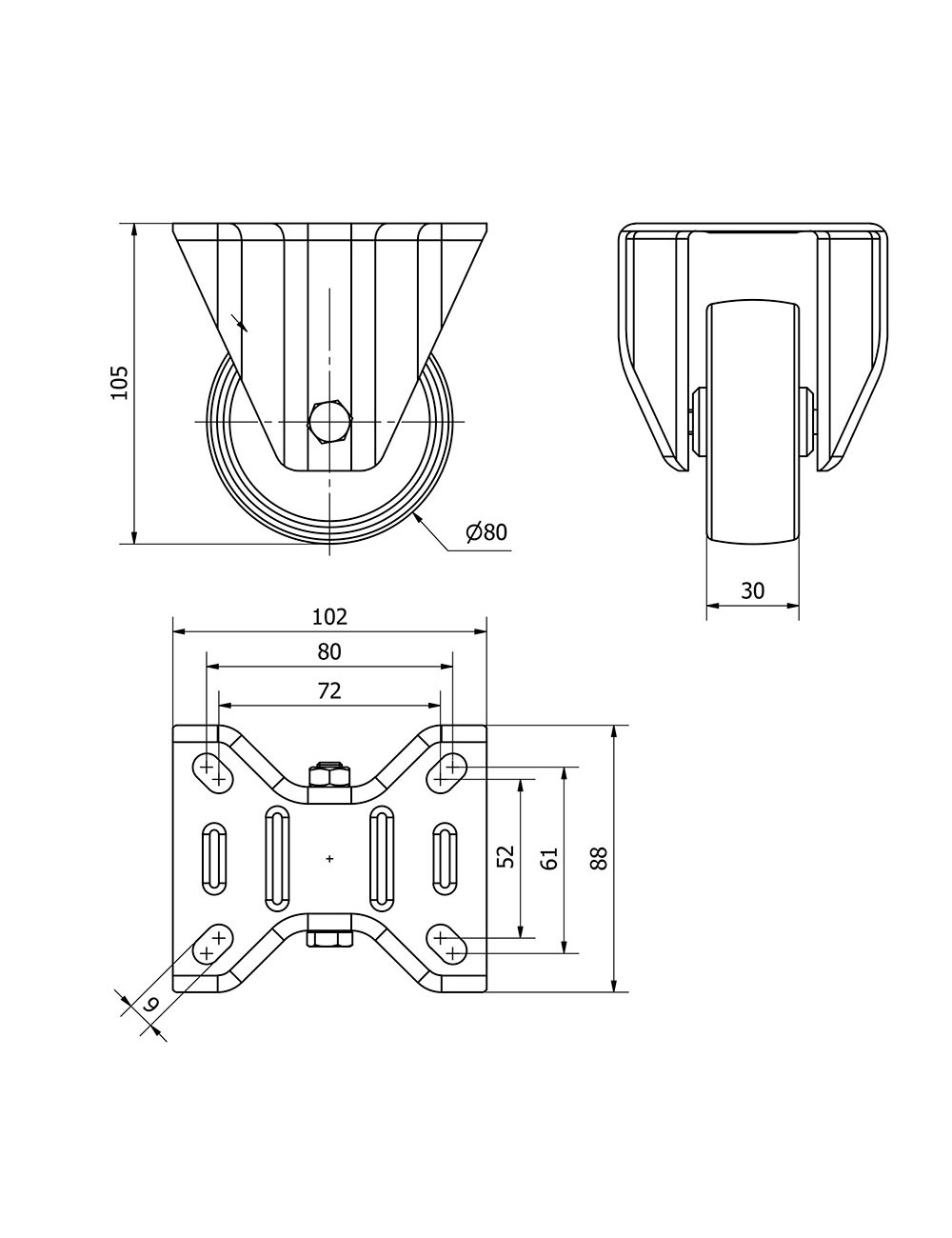 Rueda fija de poliamix con placa y eje liso, color blanco, carga máx. 130 kg, ø 8 cm