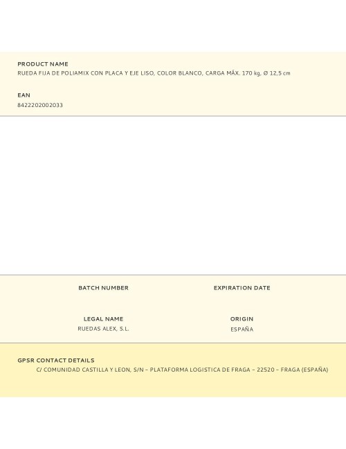 Rueda fija de poliamix con placa y eje liso, color blanco, carga máx. 170 kg, ø 12,5 cm