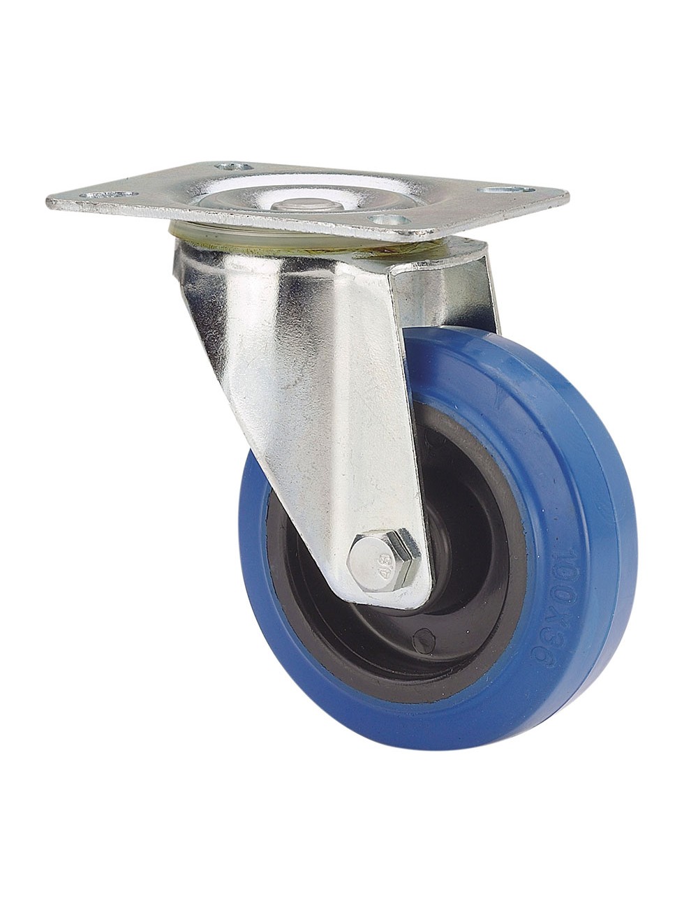Rueda giratoria de goma con placa y eje de rodillos, color azul, carga máx. 80 kg, ø 8 cm