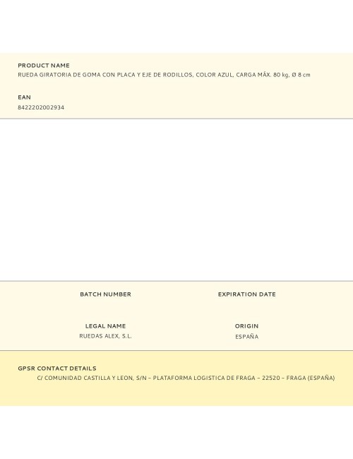 Rueda giratoria de goma con placa y eje de rodillos, color azul, carga máx. 80 kg, ø 8 cm