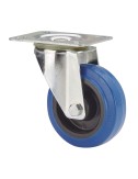 Rueda giratoria de goma con placa y eje de rodillos, color azul, carga máx. 100 kg, ø 10 cm