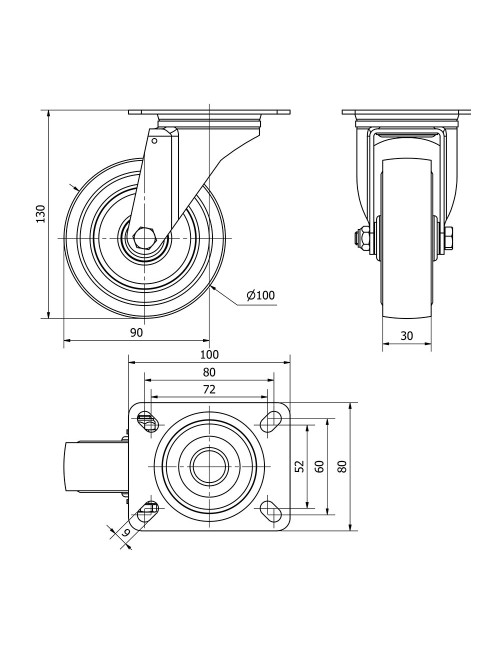 Rueda giratoria de goma con placa y eje de rodillos, color azul, carga máx. 100 kg, ø 10 cm