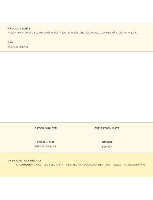 Rueda giratoria de goma con placa y eje de rodillos, color azul, carga máx. 130 kg, ø 12,5 cm