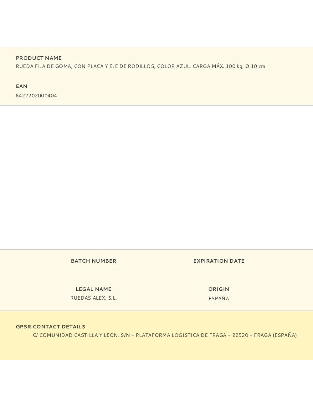 Rueda fija de goma, con placa y eje de rodillos, color azul, carga máx. 100 kg, ø 10 cm