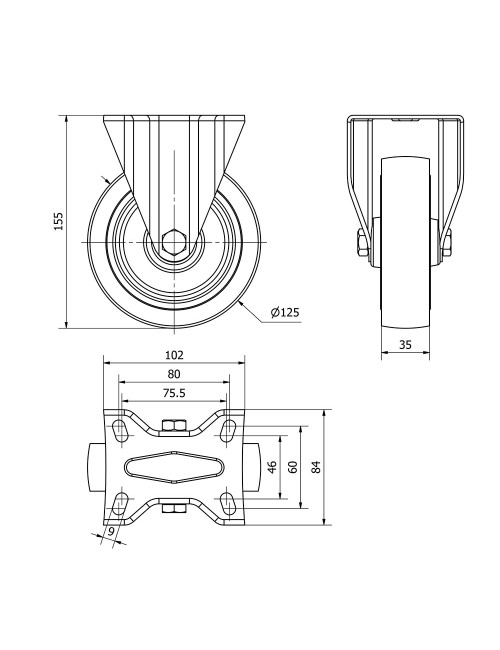 Rueda fija de goma, con placa y eje de rodillos, color azul, carga máx. 130 kg, ø 12,5 cm