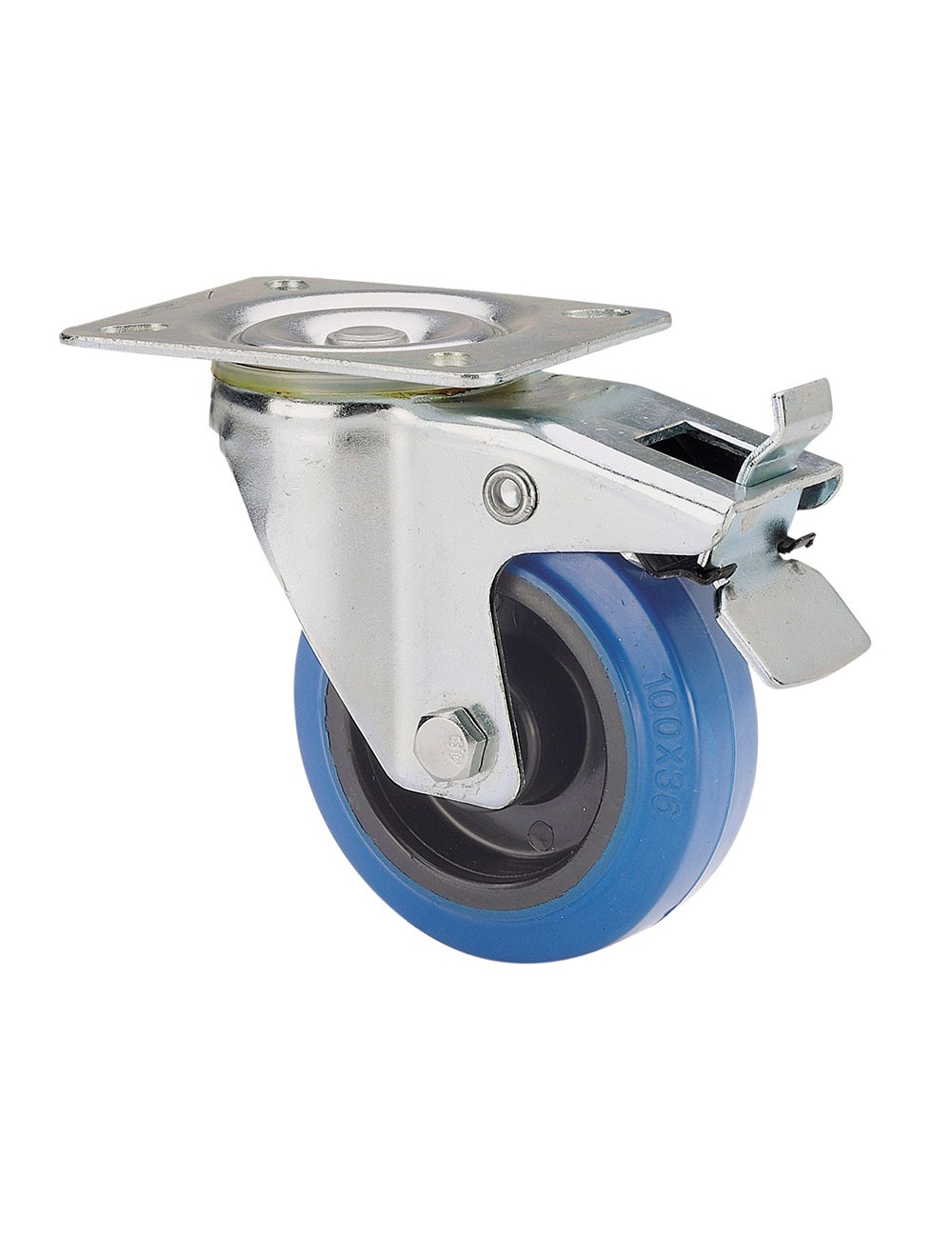 Rueda giratoria de goma con placa, eje de rodillos y freno, color azul, carga máx. 80 kg, ø 8 cm