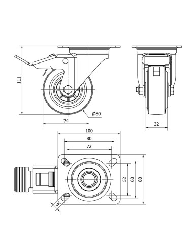 Rueda giratoria de goma con placa, eje de rodillos y freno, color azul, carga máx. 80 kg, ø 8 cm