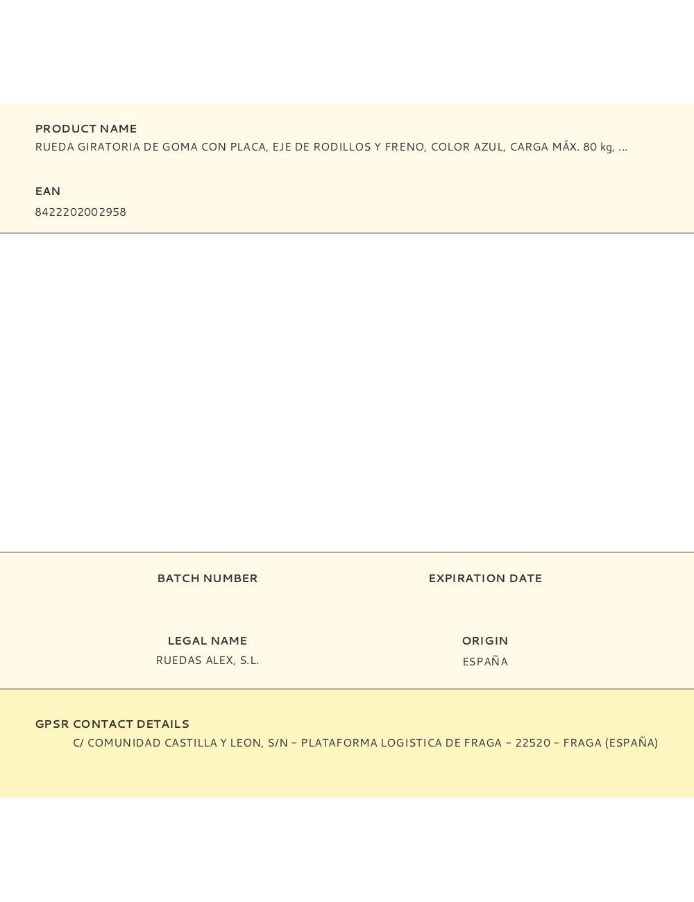 Rueda giratoria de goma con placa, eje de rodillos y freno, color azul, carga máx. 80 kg, ø 8 cm