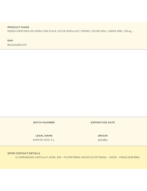 Rueda giratoria de goma con placa, eje de rodillos y freno, color azul, carga máx. 130 kg, ø 12,5 cm