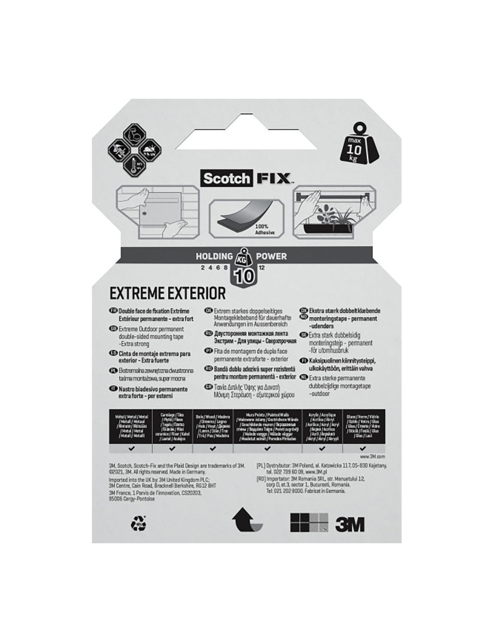 Cinta doble cara de montaje extreme para exteriores, máx 10 kg 19mmx1,5m