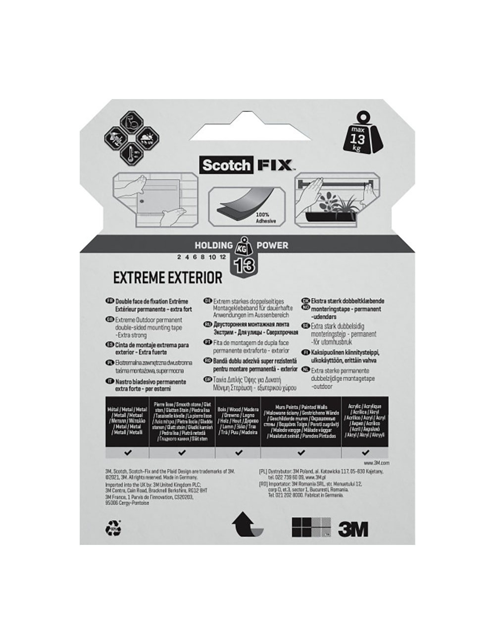 Cinta doble cara de montaje extreme para exteriores, máx 10 kg 19mmx1,5m