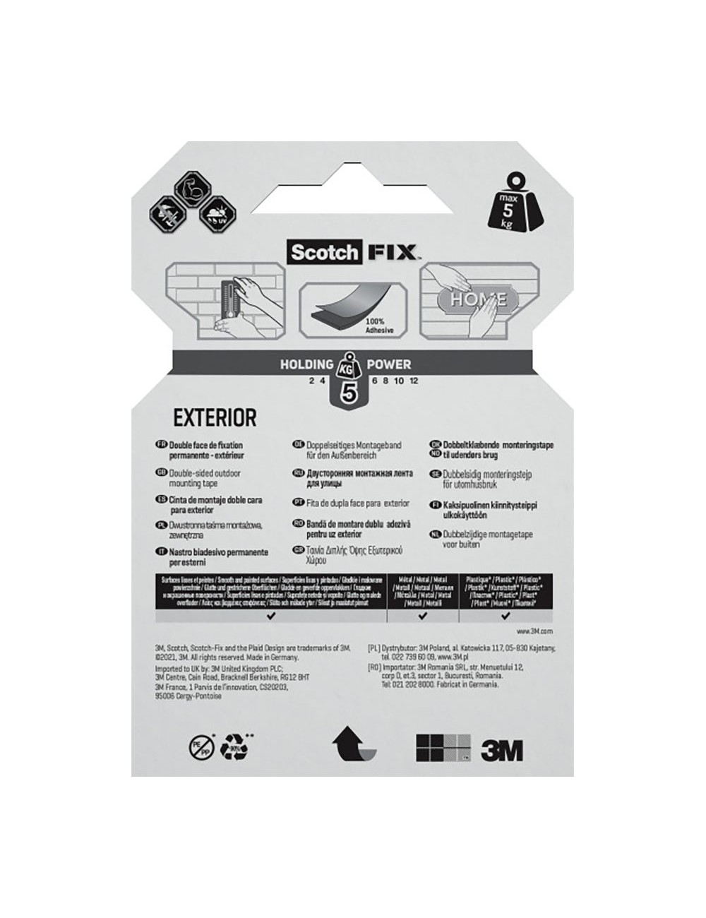 Cinta doble cara de montaje para exteriores, máx 5 kg, 19 mm x 1,5 m