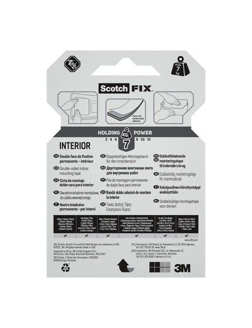 Cinta doble cara de montaje para interiores, máx 7 kg, 19mmx1,5m