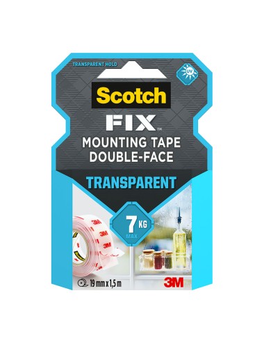 Cinta doble cara de montaje, transparente, máx 7 kg, 19mmx1,5m