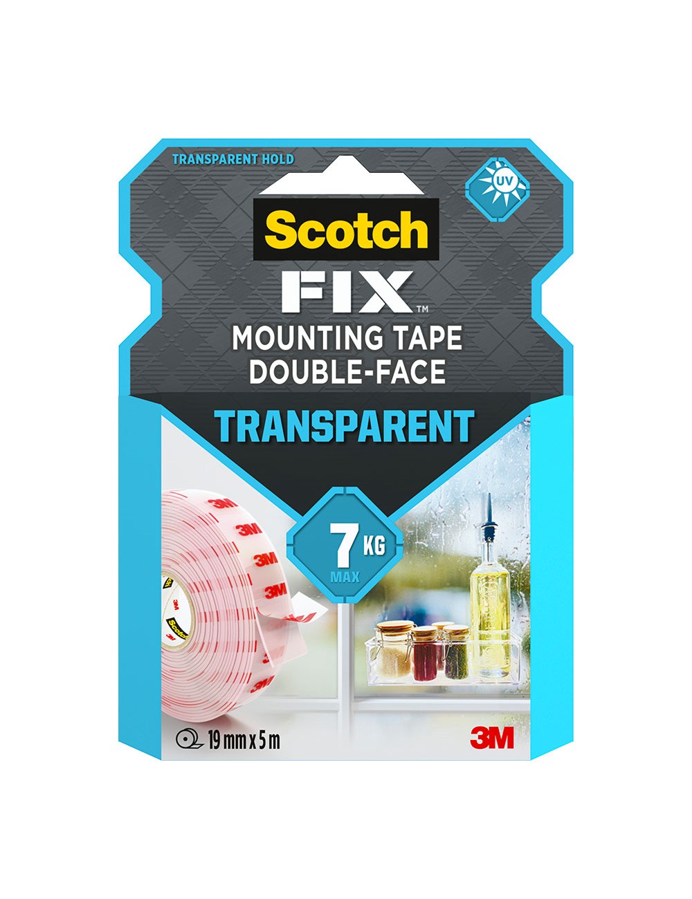 Cinta doble cara de montaje, transparente, máx 7 kg, 19mmx5m