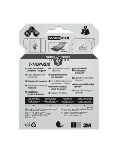 Cinta doble cara de montaje, transparente, máx 7 kg, 19mmx5m