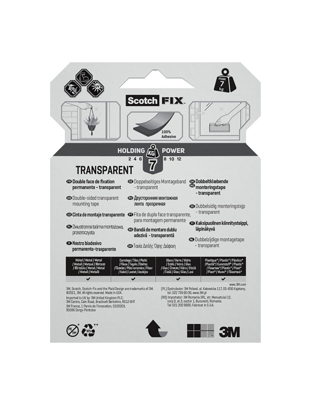 Cinta doble cara de montaje, transparente, máx 7 kg, 19mmx5m