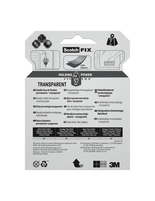 Cinta doble cara de montaje, transparente, máx 7 kg, 19mmx5m