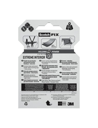Cinta doble cara de montaje extreme para interiores, máx 12 kg, 19mmx1,8m
