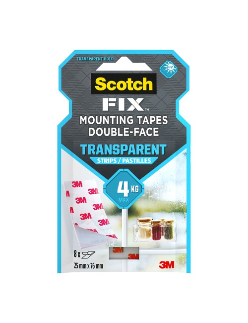 Tira adhesiva doble cara transparente, máx 4 kg, 25mmx76mm, 8 uds