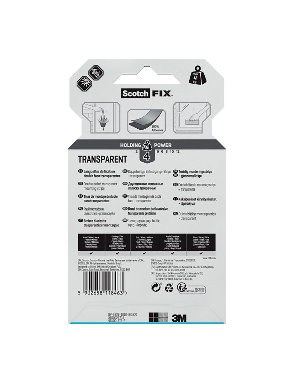 Tira adhesiva doble cara transparente, máx 4 kg, 25mmx76mm, 8 uds