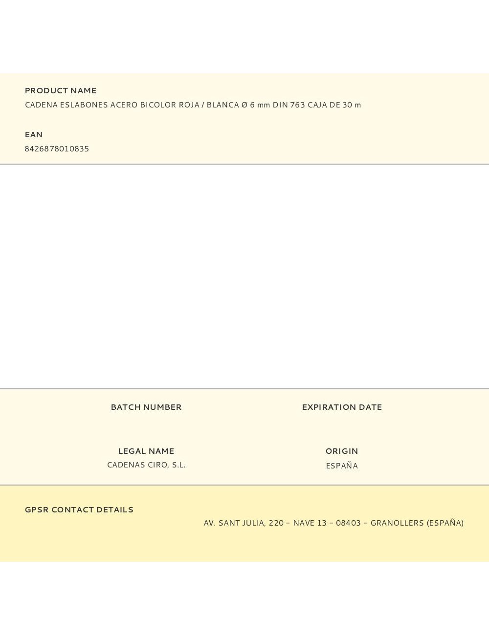 Cadena eslabones acero bicolor roja / blanca ø 6 mm din 763 caja de 30 m