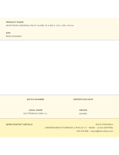 Adaptador universal multi-globe 10 a 250 v, 110 x 100 x 45 mm