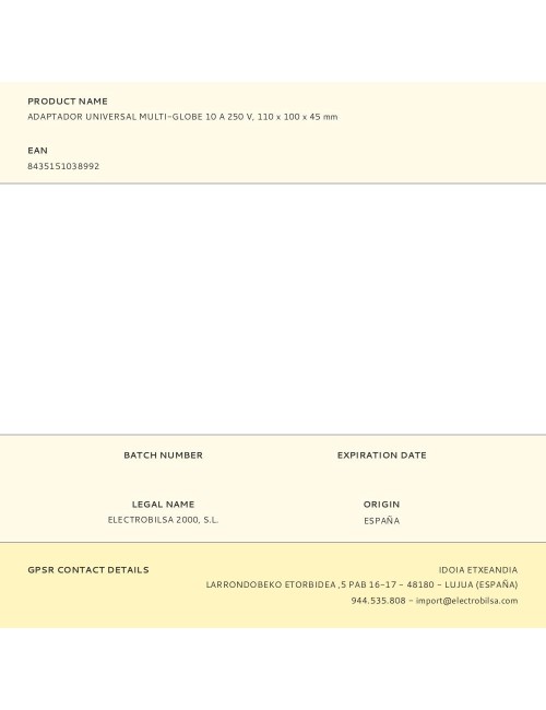 Adaptador universal multi-globe 10 a 250 v, 110 x 100 x 45 mm