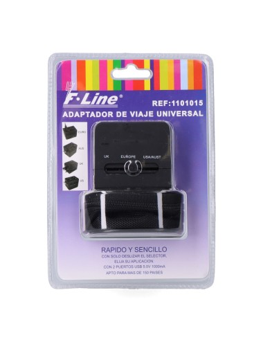 Adaptador de viaje universal 2 usb 3 clavijas eu, uk, usa/aus, negro, 45 x 55 x 60 mm