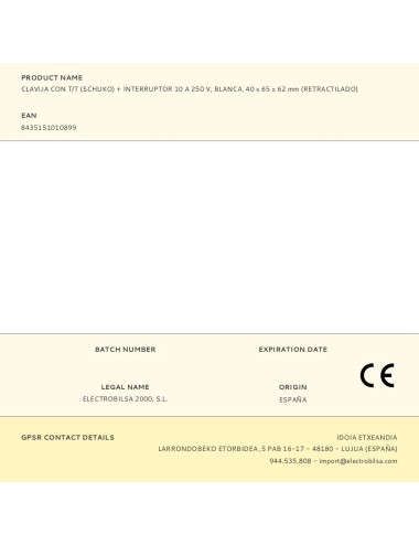 Clavija con t/t (schuko) + interruptor 10 a 250 v, blanca, 40 x 65 x 62 mm (retractilado)