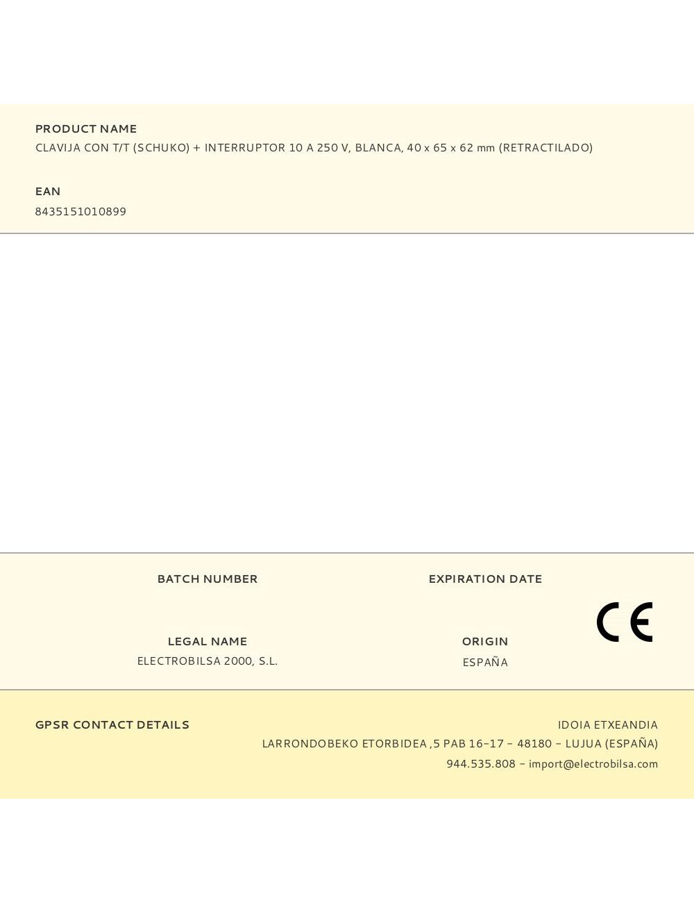 Clavija con t/t (schuko) + interruptor 10 a 250 v, blanca, 40 x 65 x 62 mm (retractilado)