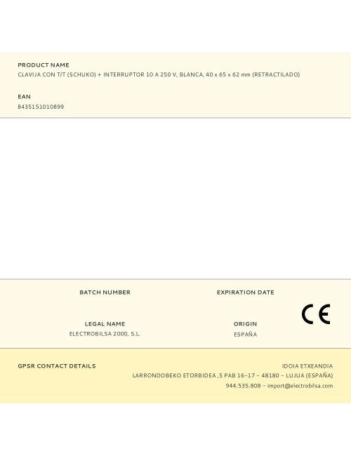 Clavija con t/t (schuko) + interruptor 10 a 250 v, blanca, 40 x 65 x 62 mm (retractilado)