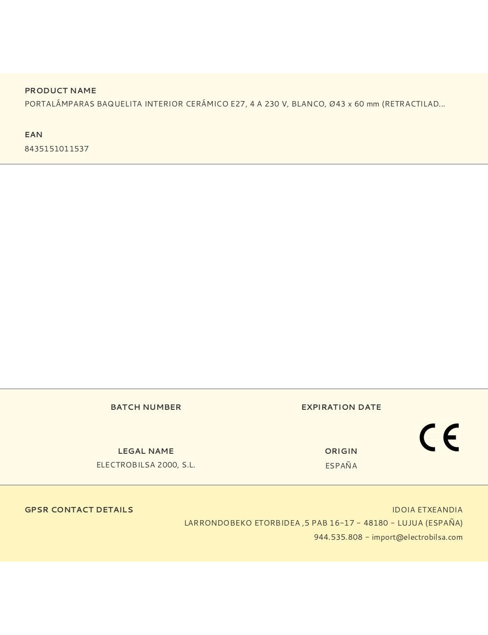 Portalámparas baquelita interior cerámico e27, 4 a 230 v, blanco, ø43 x 60 mm (retractilado)