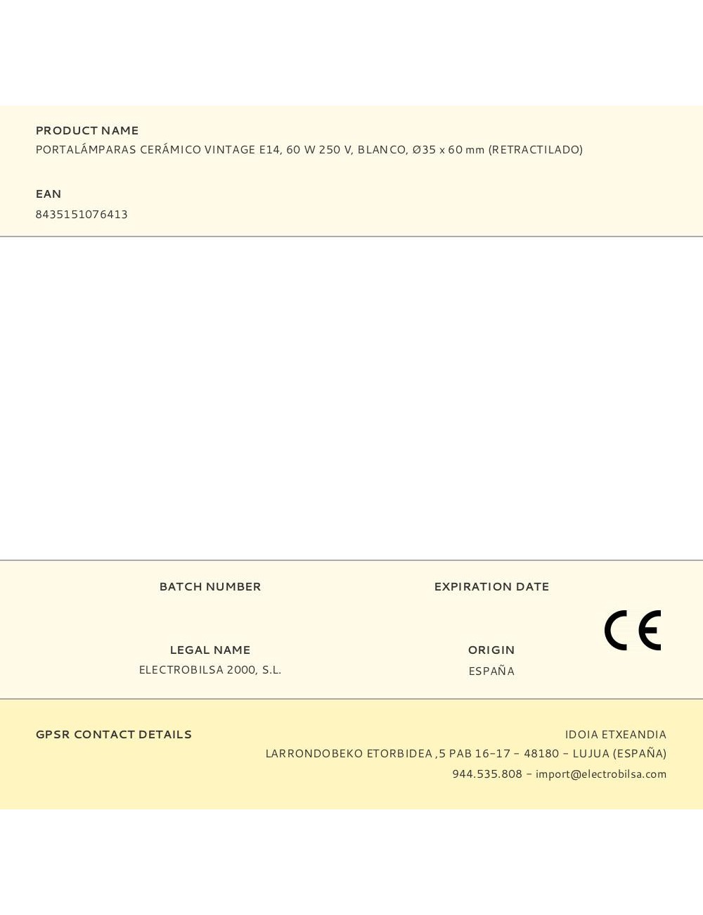 Portalámparas cerámico vintage e14, 60 w 250 v, blanco, ø35 x 60 mm (retractilado)