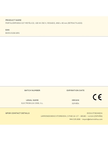 Portalámparas e27 metálico, 100 w 250 v, rosado, ø60 x 40 mm (retractilado)