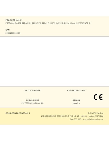 Portalámparas obra con colgante e27, 4 a 250 v, blanco, ø35 x 60 mm (retractilado)