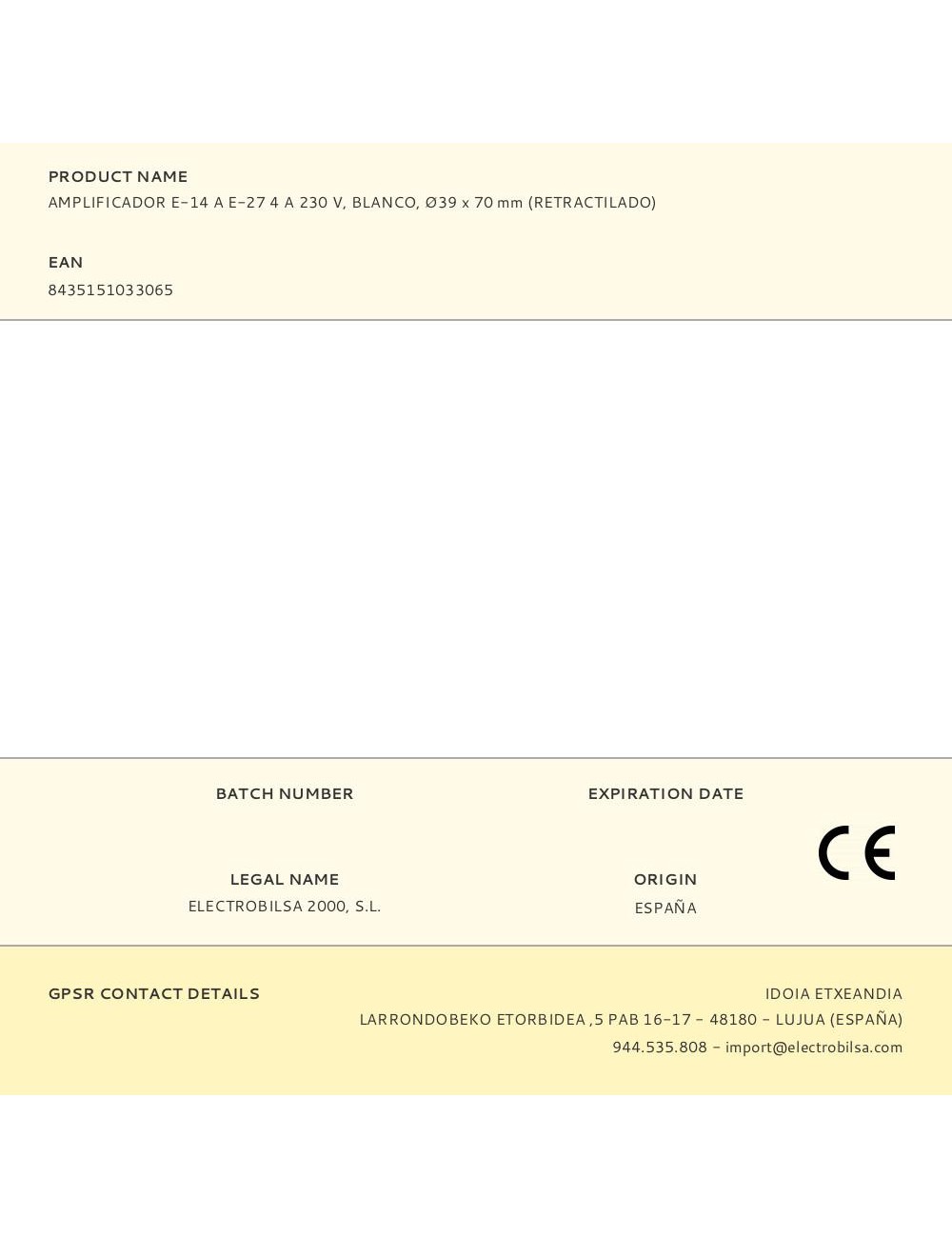 Amplificador e-14 a e-27 4 a 230 v, blanco, ø39 x 70 mm (retractilado)