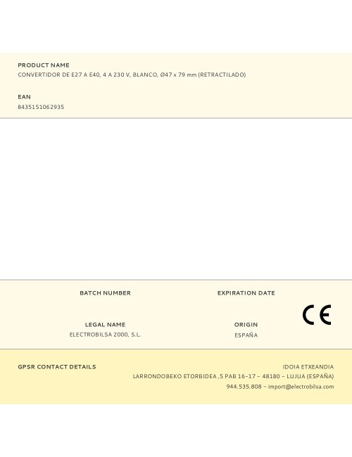 Convertidor de e27 a e40, 4 a 230 v, blanco, ø47 x 79 mm (retractilado)