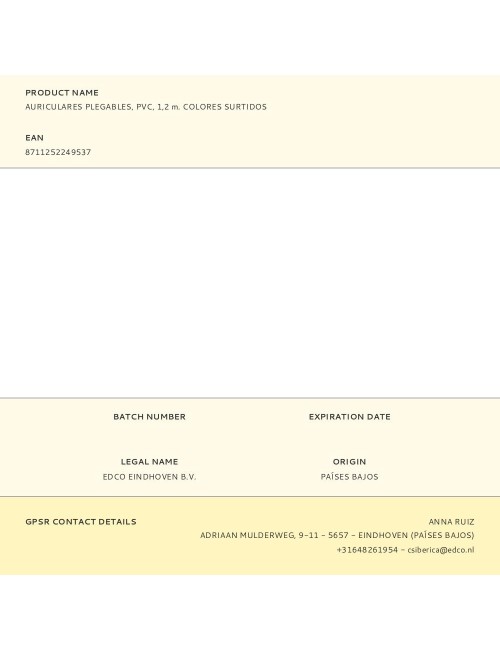 Auriculares plegables, pvc, 1,2 m. colores surtidos