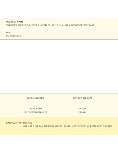Multiconector triple mixto: 2 x 2p (10 a) + 2p + t (16 a) 250 v blanco (retractilado)
