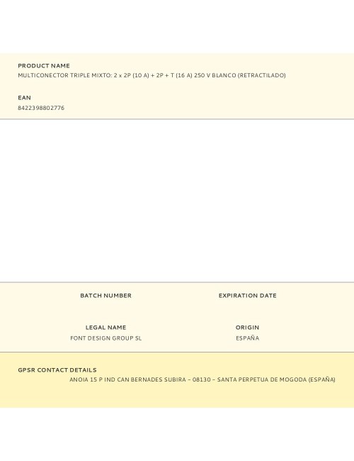 Multiconector triple mixto: 2 x 2p (10 a) + 2p + t (16 a) 250 v blanco (retractilado)