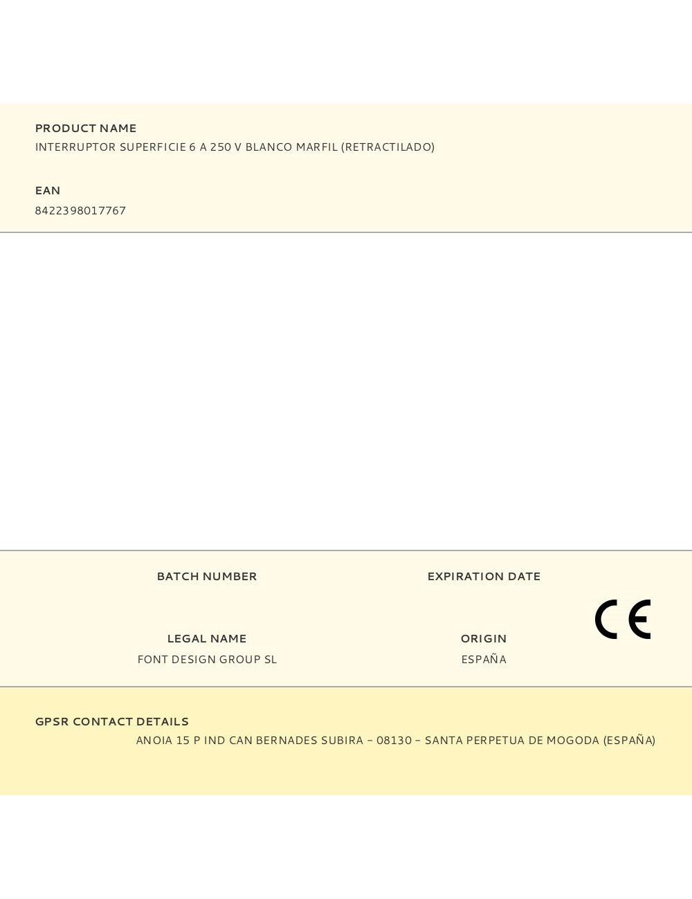 Interruptor superficie 6 a 250 v blanco marfil (retractilado)