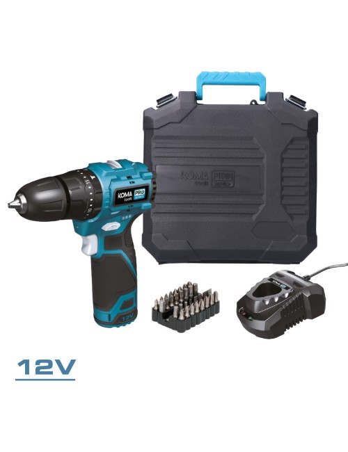 Kit taladro percutor brushless 12 v con accesorios, bateria y cargador