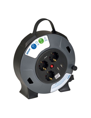 Enrollacables con 2 usb a, 3 tomas 2p+tt schuko, 16 a, 230 v~, h05vv-f 3 g 1,5 mm, 5 m, negro/gris