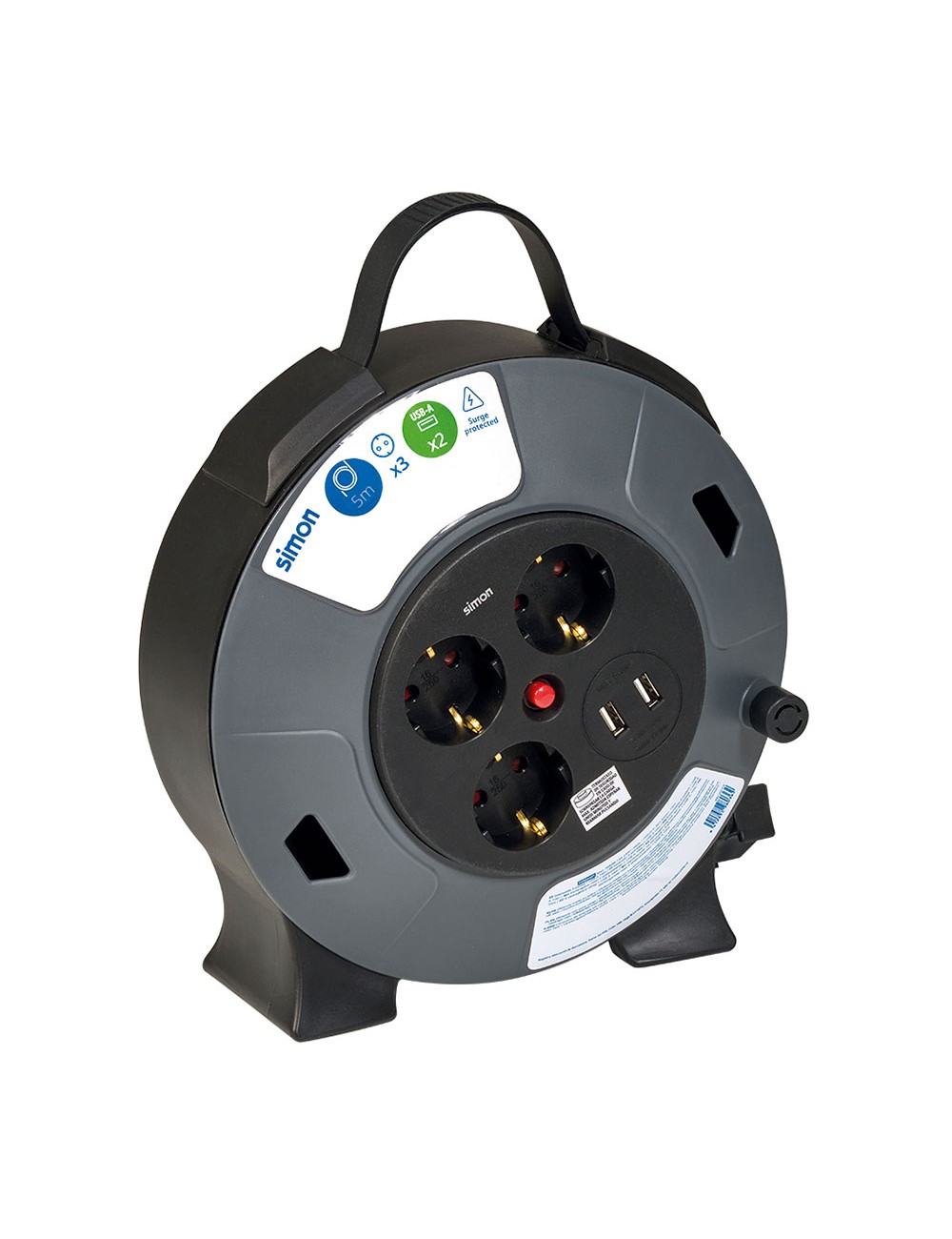 Enrollacables con 2 usb a, 3 tomas 2p+tt schuko, 16 a, 230 v~, h05vv-f 3 g 1,5 mm, 5 m, negro/gris