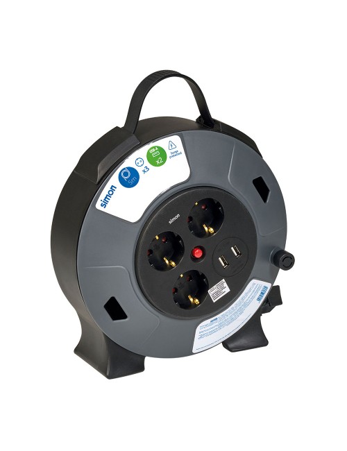 Enrollacables con 2 usb a, 3 tomas 2p+tt schuko, 16 a, 230 v~, h05vv-f 3 g 1,5 mm, 5 m, negro/gris