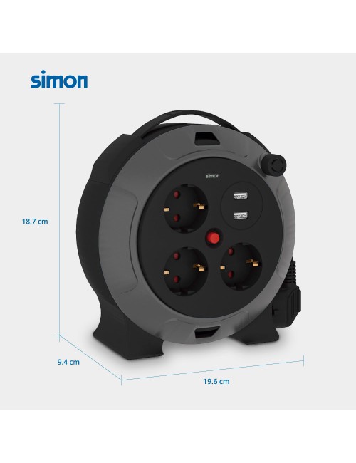 Enrollacables con 2 usb a, 3 tomas 2p+tt schuko, 16 a, 230 v~, h05vv-f 3 g 1,5 mm, 5 m, negro/gris