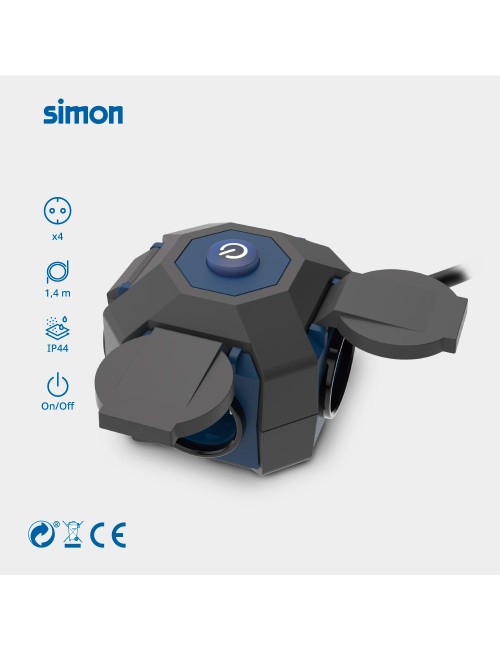 Base múltiple 4 tomas schuko, interruptor, ip44, 1,5 m de cable h07rn-f 3g1,5 mm, 16a 230v~, negra/azul