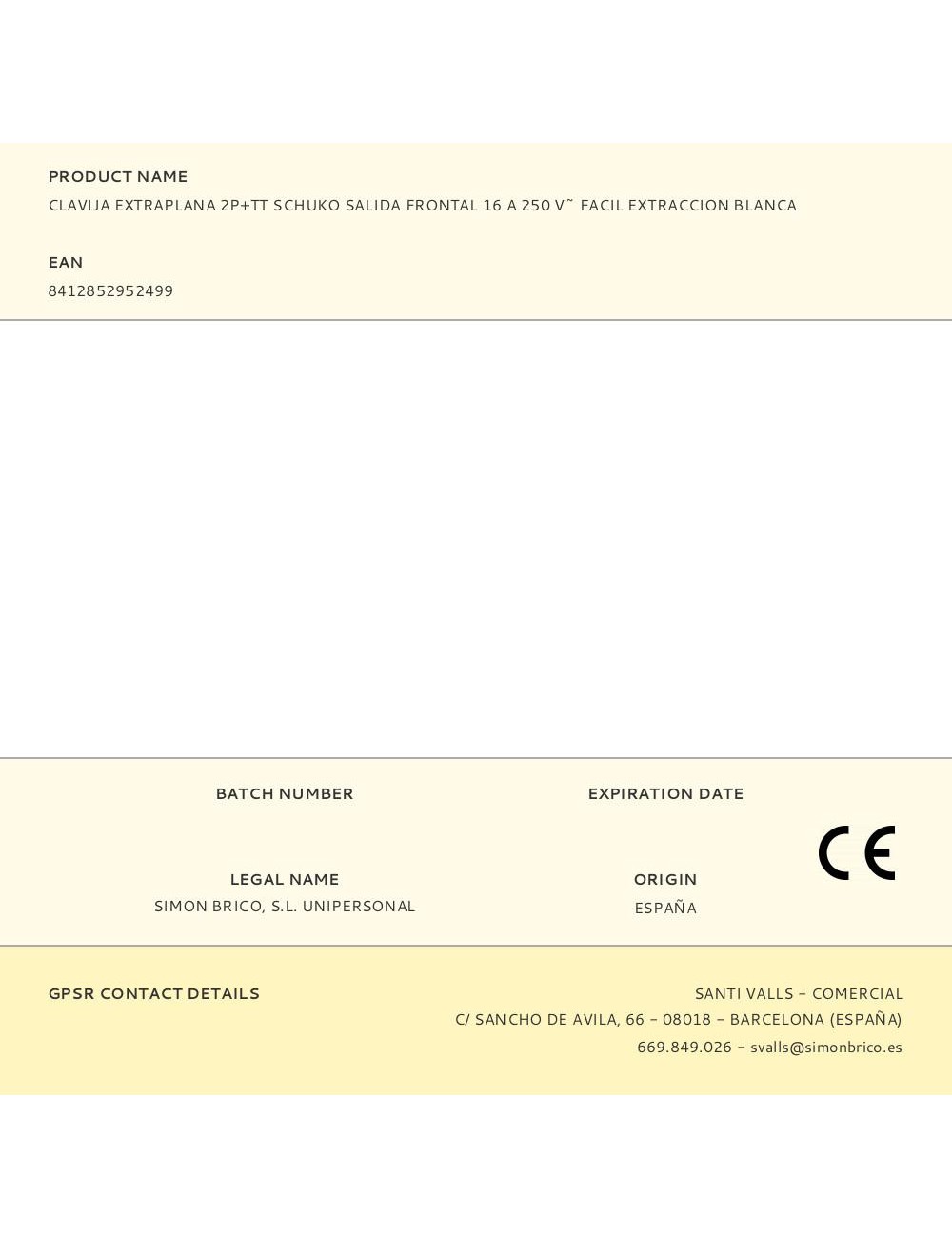 Clavija extraplana 2p+tt schuko salida frontal 16 a 250 v~ facil extraccion blanca