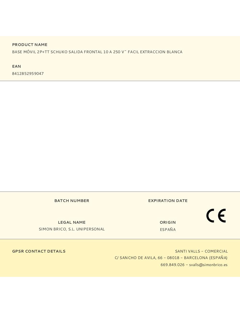 Base móvil 2p+tt schuko salida frontal 10 a 250 v~ facil extraccion blanca